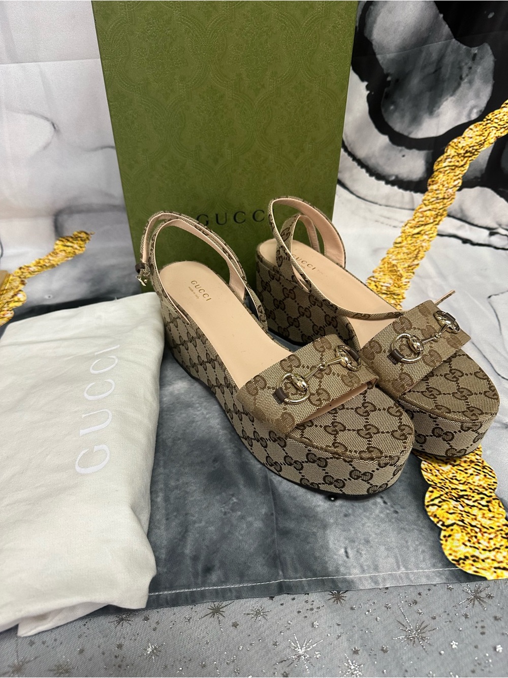Gucci Brown GG Canvas Platform Wedges with Gold Hardware New with box and duster